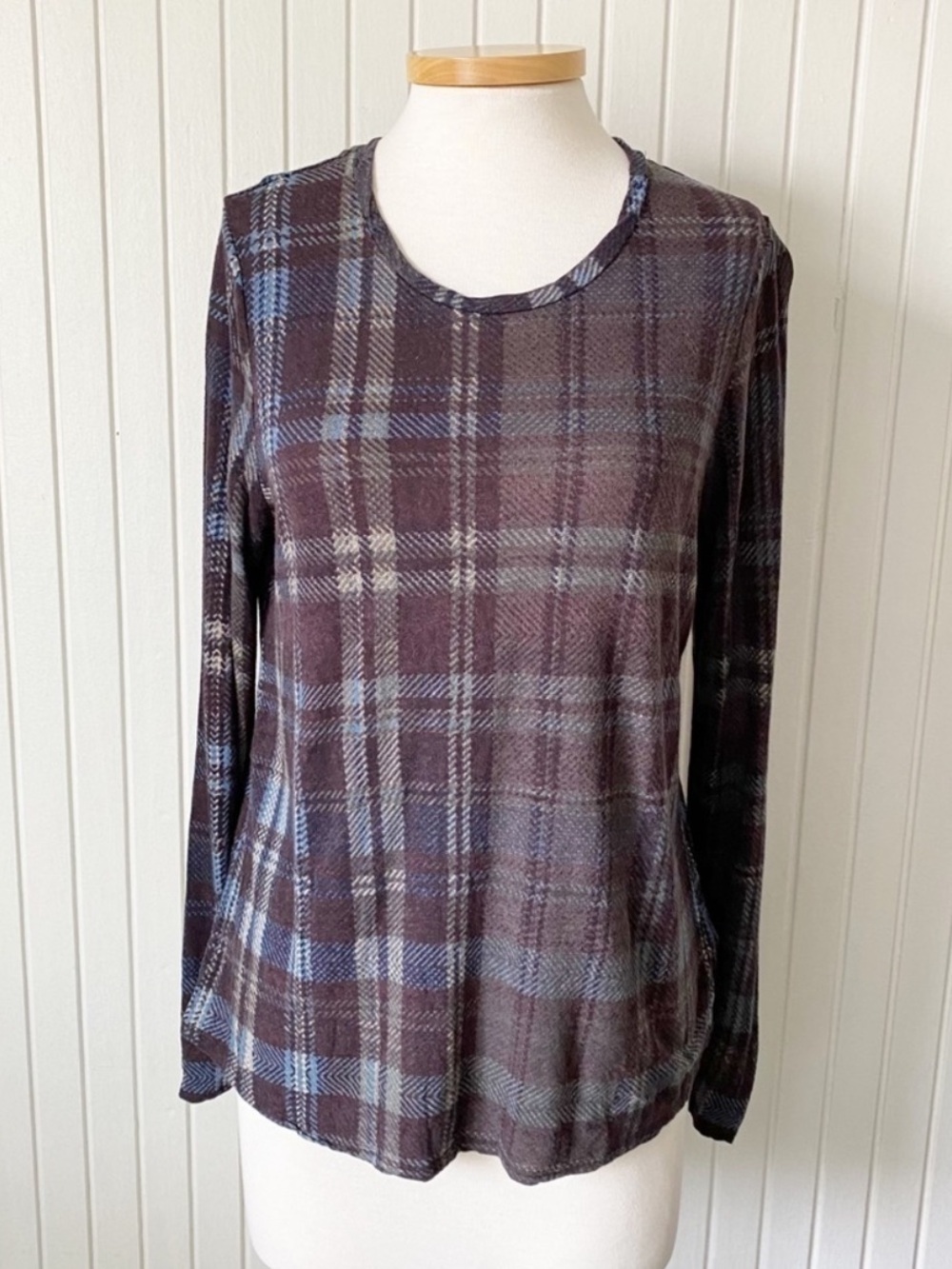Who What Wear Blue Purple Cream Brown Plaid Long Sleeve Shirt Top Size Large